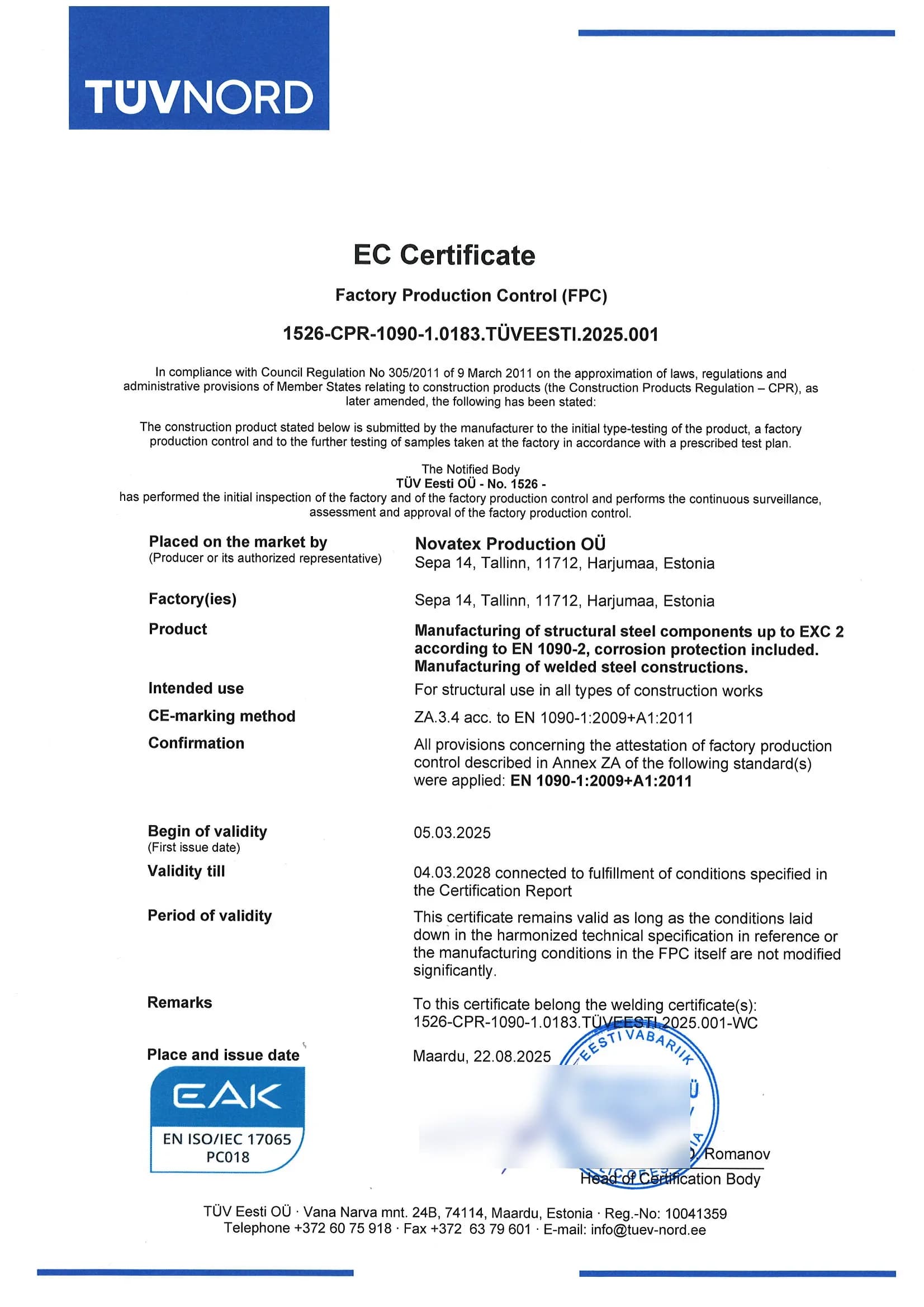 EC certificate of factory production control (FPC) No. 1526-CPR-1090-1.0183.TÜVEESTI.2025.001 for Novatex Production OÜ, EN 1090-1, up to EXC2, issued by TÜV Eesti OÜ, Notified Body 1526