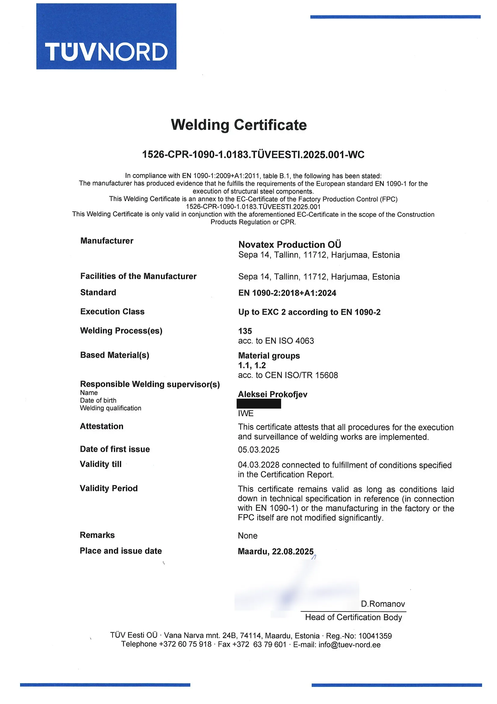 Welding certificate No. 1526-CPR-1090-1.0183.TÜVEESTI.2025.001-WC for Novatex Production OÜ, EN 1090-2, up to EXC2, issued by TÜV Eesti OÜ