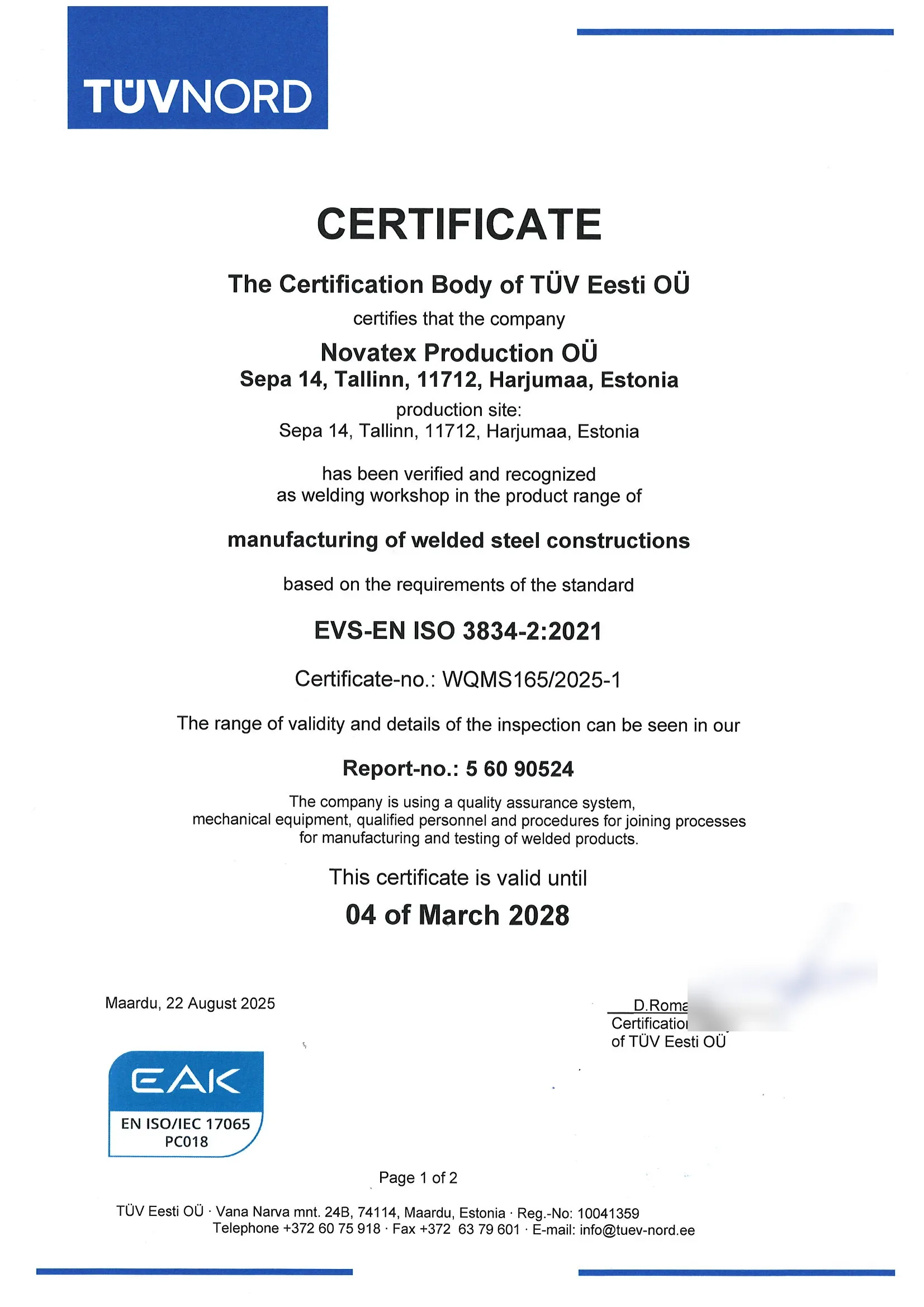 EN ISO 3834-2 certificate No. WQMS165/2025-1 for Novatex Production OÜ, manufacturing of welded steel constructions, issued by the certification body of TÜV Eesti OÜ, page 1