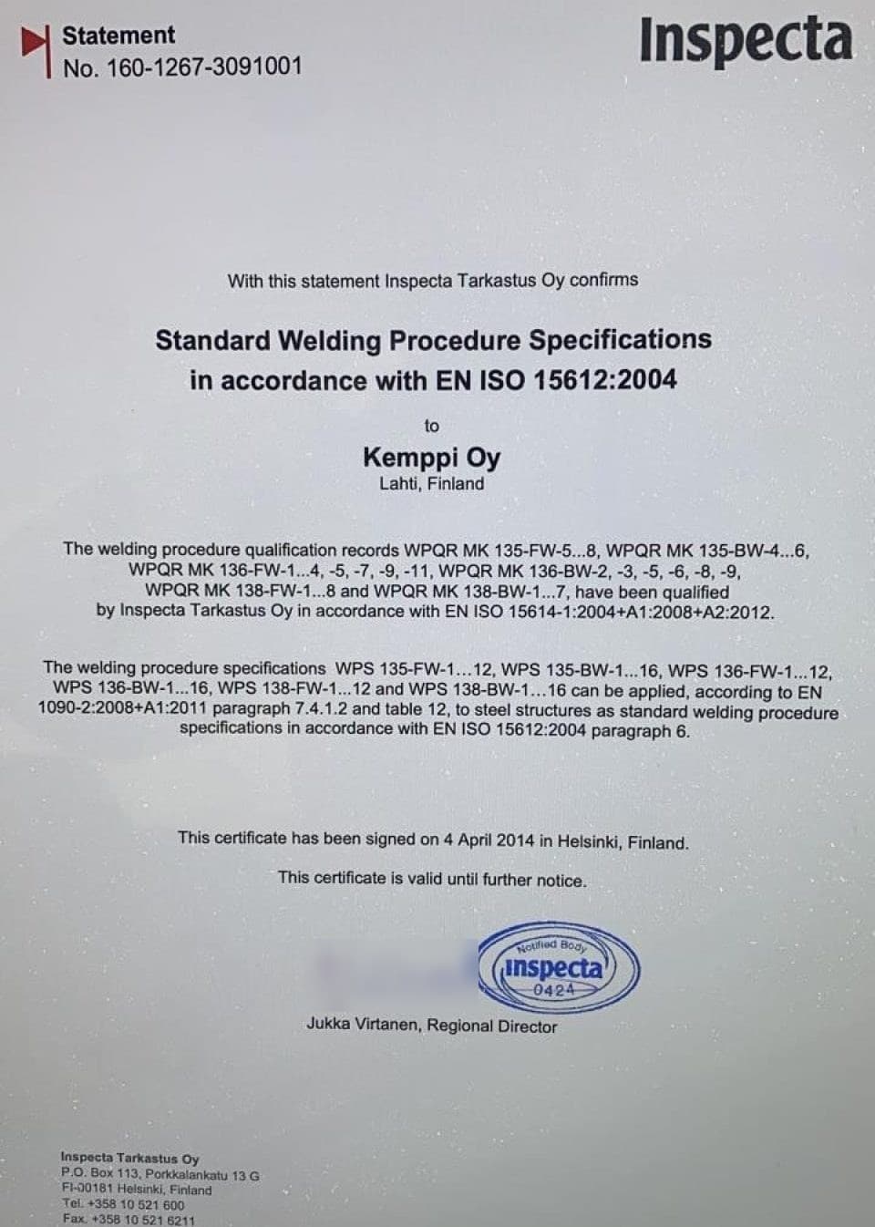 Inspecta statement on standard welding procedure specifications in accordance with EN ISO 15612
