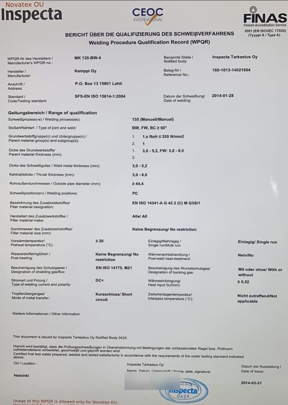 Welding procedure qualification record (WPQR), Inspecta, 1 of 2