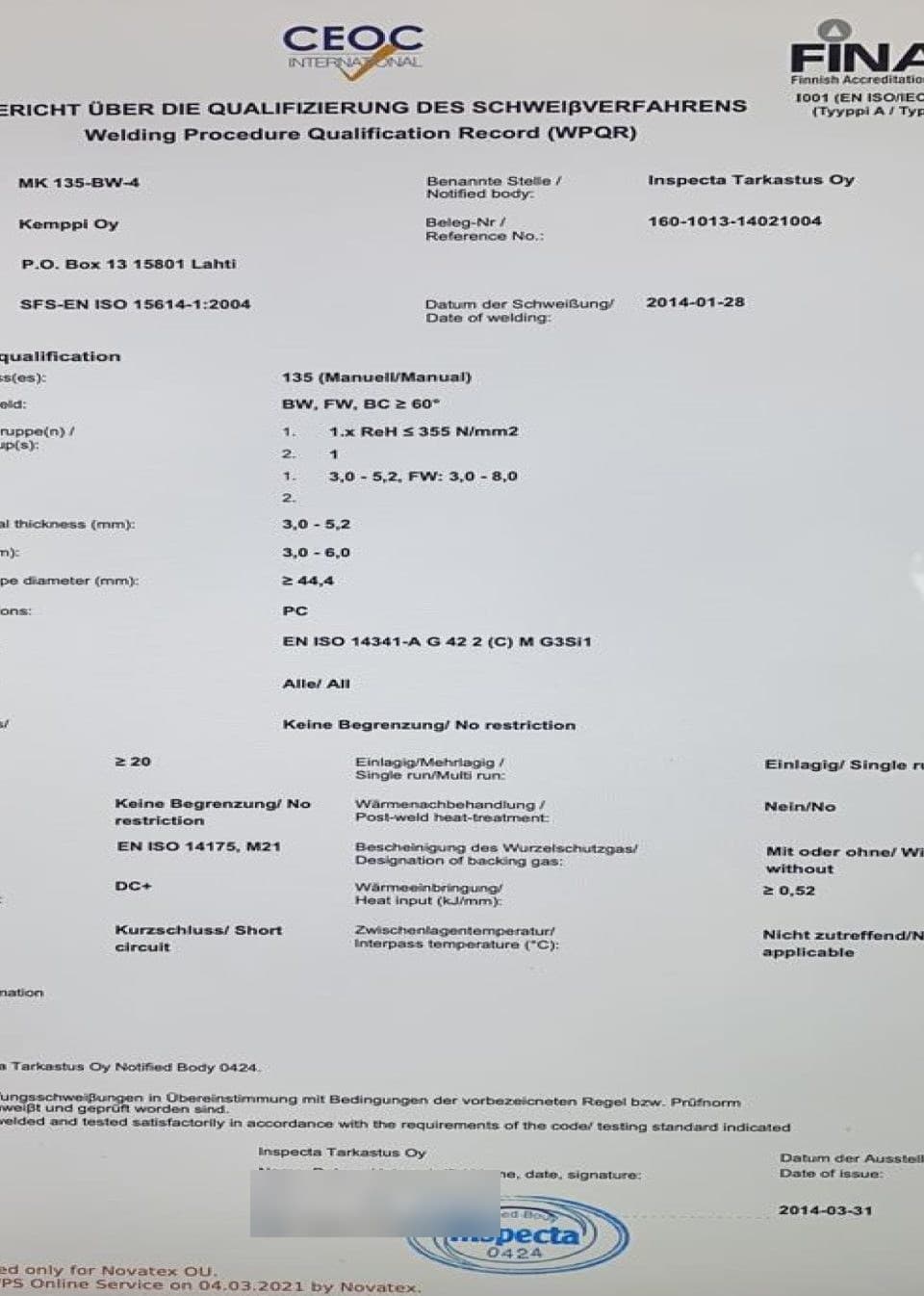Welding procedure qualification record (WPQR), Inspecta, 2 of 2