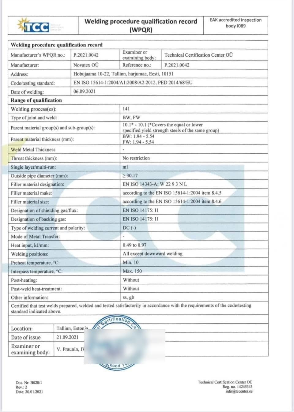 Welding procedure qualification record (WPQR) for Novatex, Technical Certification Centre, 1 of 5