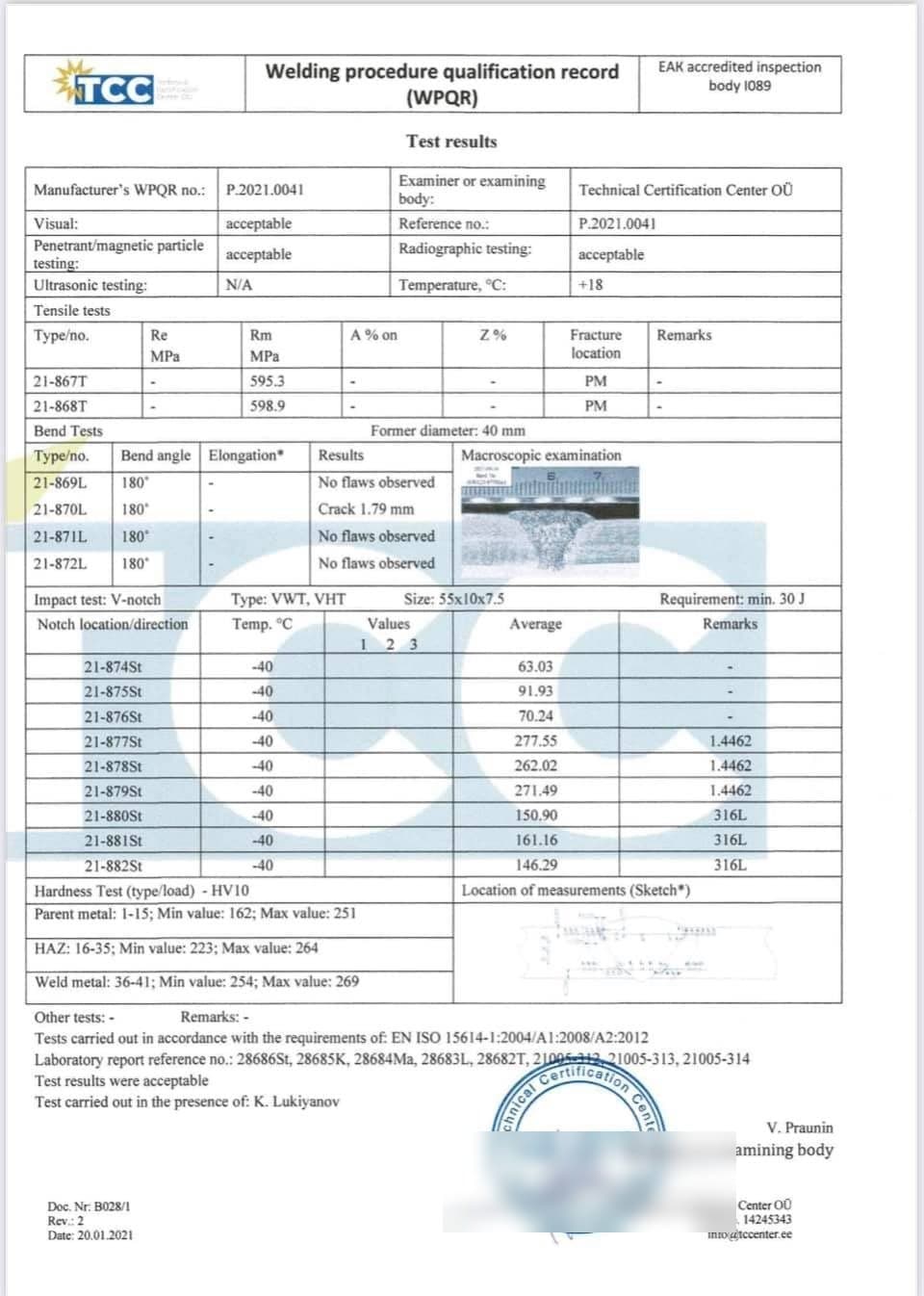 Welding procedure qualification record (WPQR) for Novatex, Technical Certification Centre, 2 of 5