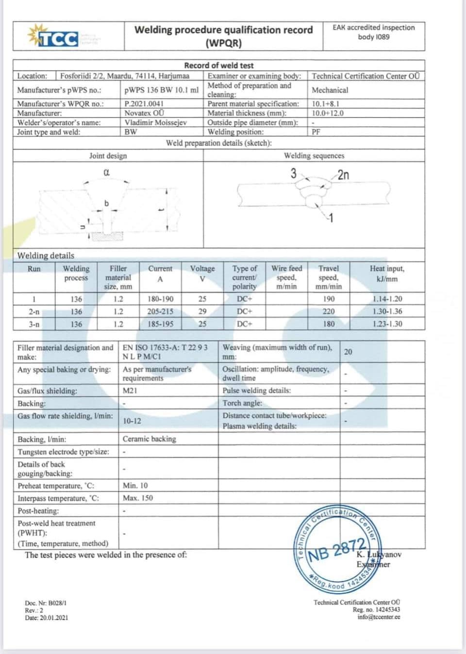 Welding procedure qualification record (WPQR) for Novatex, Technical Certification Centre, 3 of 5