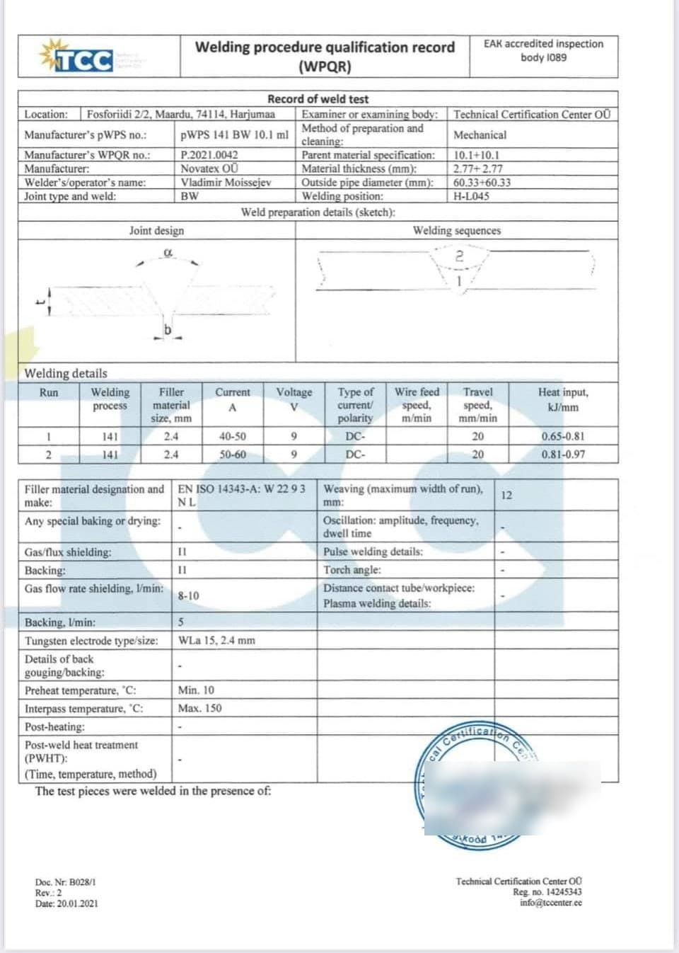 Welding procedure qualification record (WPQR) for Novatex, Technical Certification Centre, 4 of 5