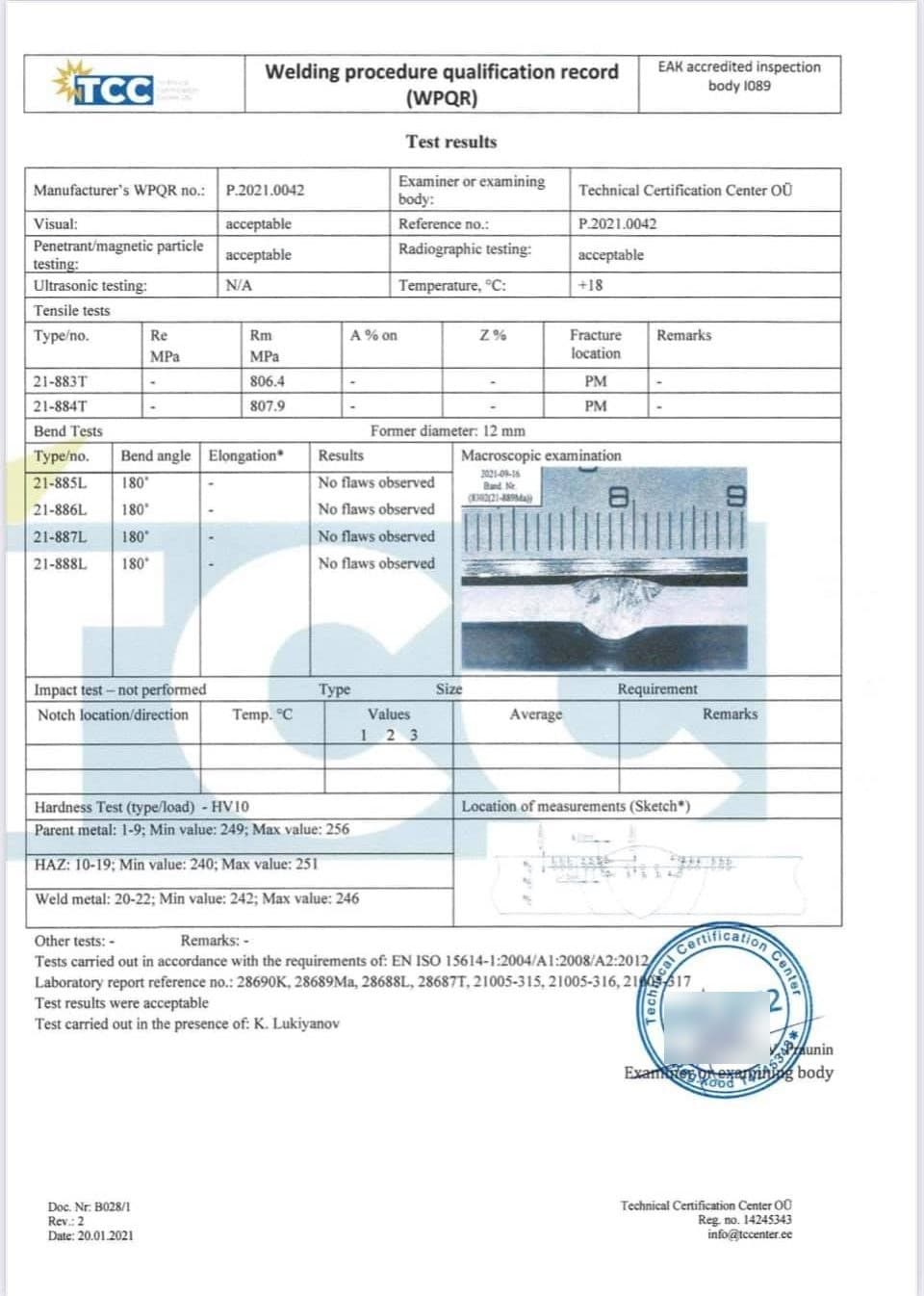 Welding procedure qualification record (WPQR) for Novatex, Technical Certification Centre, 5 of 5