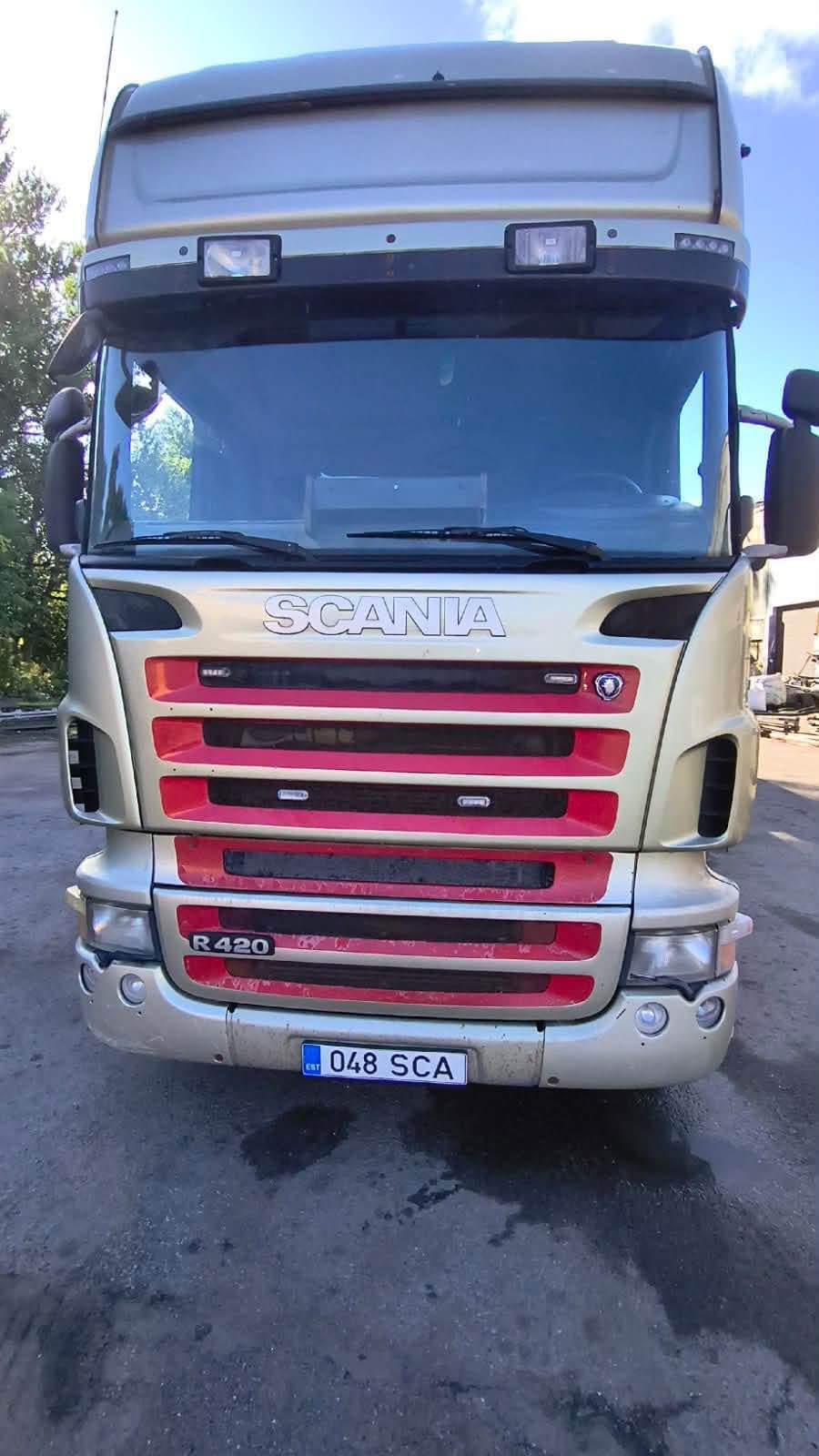 Scania R420 truck front, close view at the Novatex yard in Tallinn