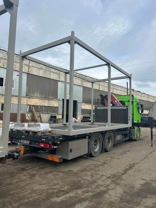 Welded steel frame structure secured on a truck bed outside the workshop at the Novatex yard in Tallinn